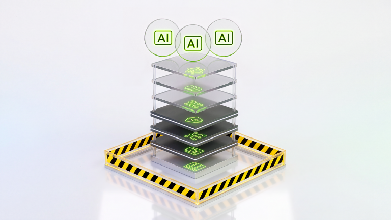 Three AI agents above a layered runtime stack with glowing green control icons, enclosed by a black-and-yellow safety barrier.
