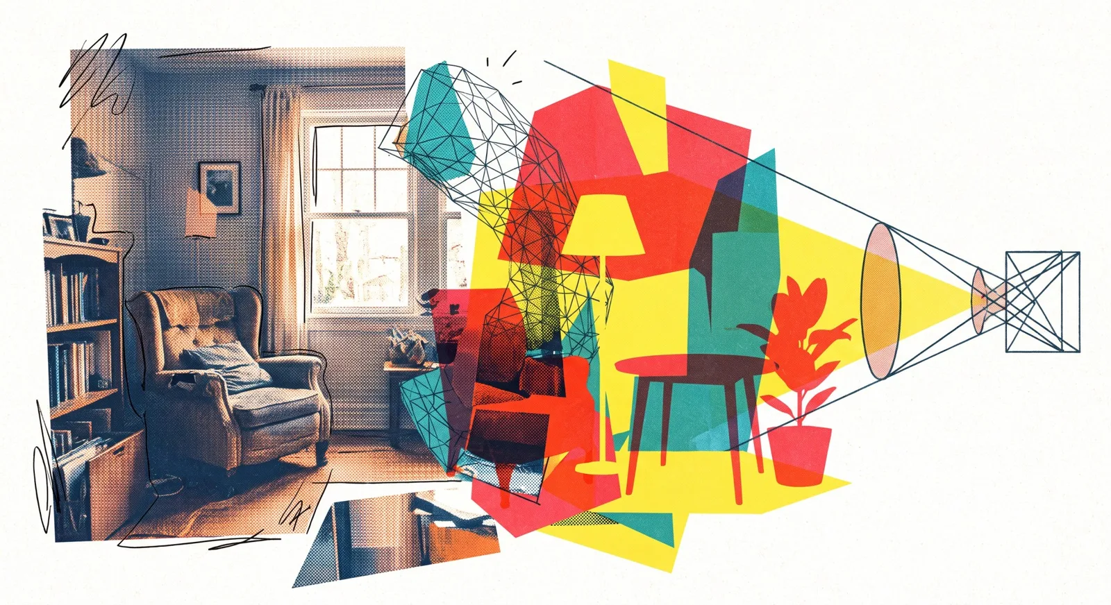A photo of a living room is abstracted using a wire-frame model and colorful surfaces and projected through a lens.