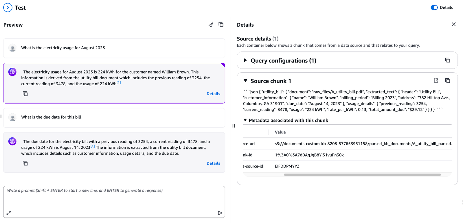 Chatbot response for a utility bill query using the custom knowledge base solution