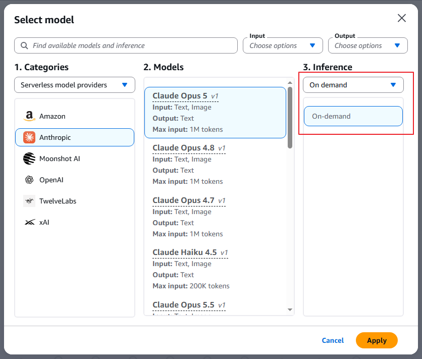 Anthropic Claude Opus 5 model selected in the Amazon Bedrock console playground