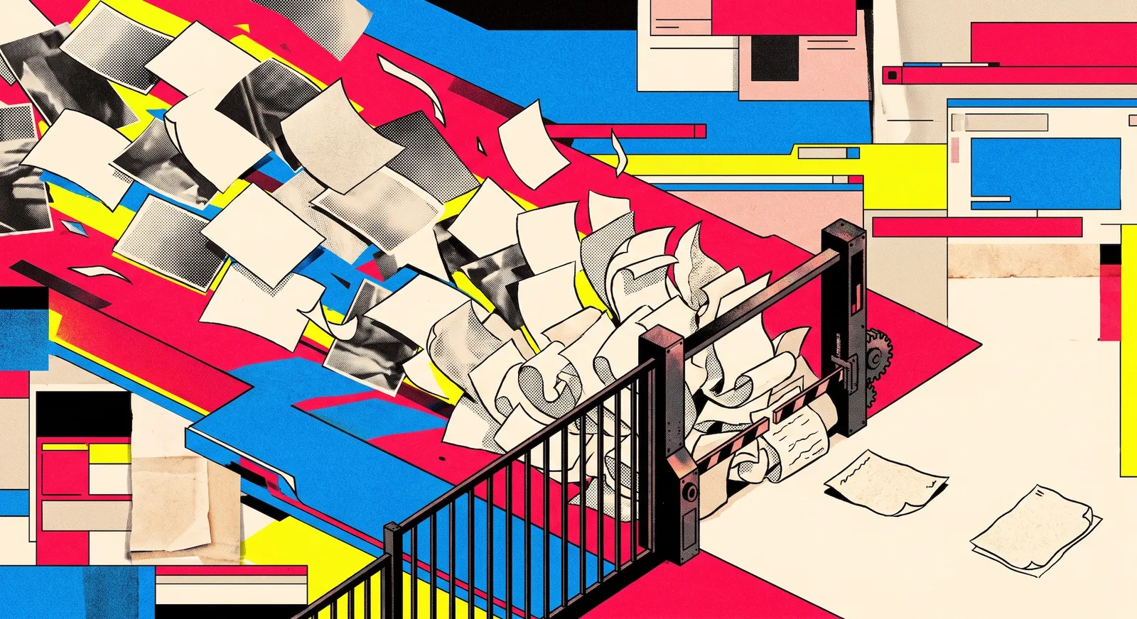 A barrier arm stops a flood of digital pages, symbolizing the deluge of AI research papers.