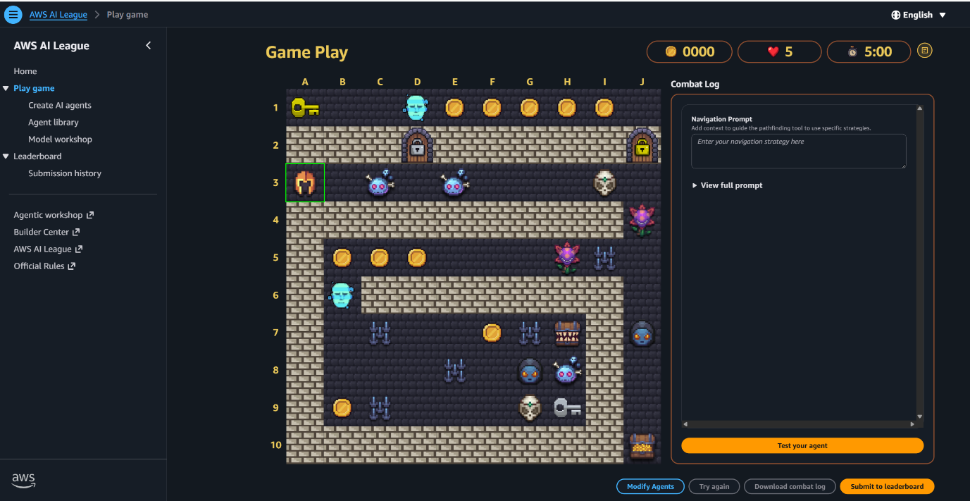 Screenshot of the AWS AI League gameplay interface showing a 10x10 dungeon maze grid with the agent starting position, walls, coins, spike traps, challenge tiles, and a treasure chest, alongside a nav