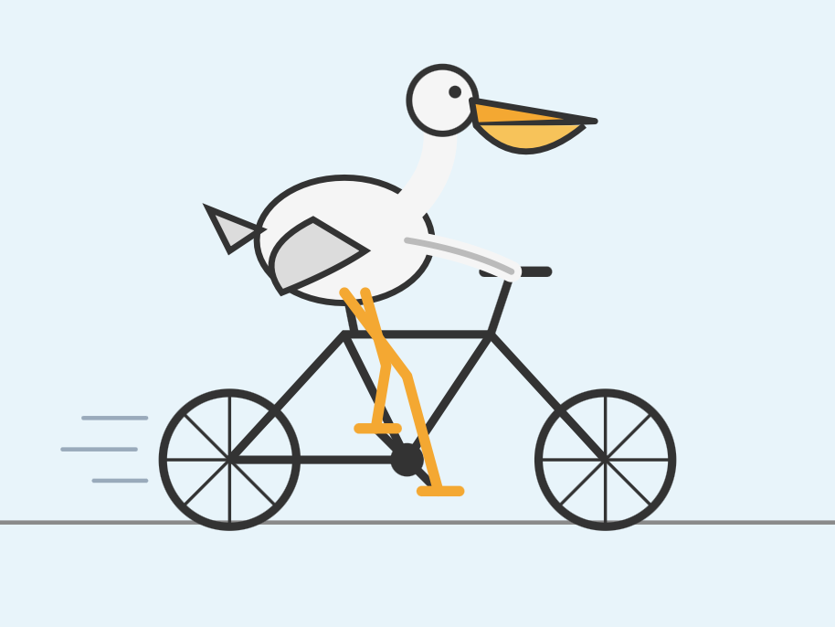 Minimalist flat illustration of a white pelican with an orange beak riding a black bicycle to the left, its orange legs pedaling and wings gripping the handlebars, with motion lines behind on a light 