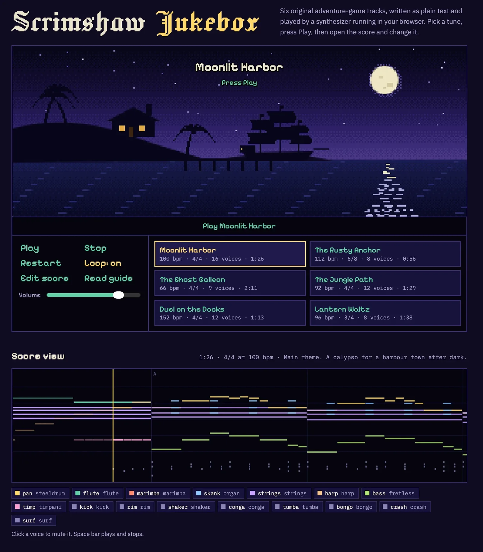 Screenshot of a retro pixel-art web music player. Header in blackletter type reads "Scrimshaw Jukebox", with the text "Six original adventure-game tracks, written as plain text and played by a synthes
