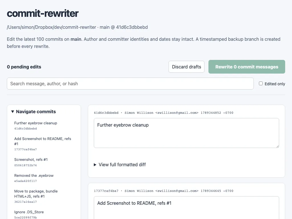 Screenshot of the commit-rewriter web interface. A heading reads commit-rewriter above the repository path and current branch and commit hash, with a short description of the tool. A toolbar shows a p