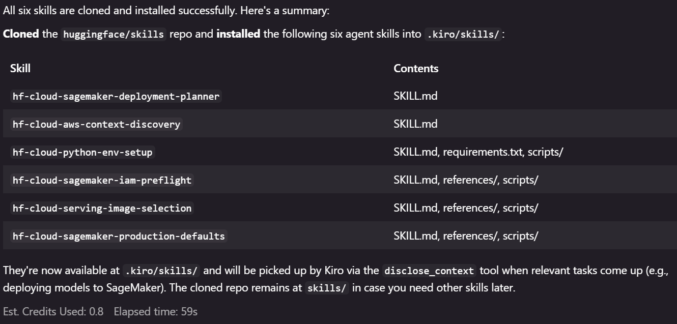 Kiro chat session confirming the six agent skills installed in the workspace
