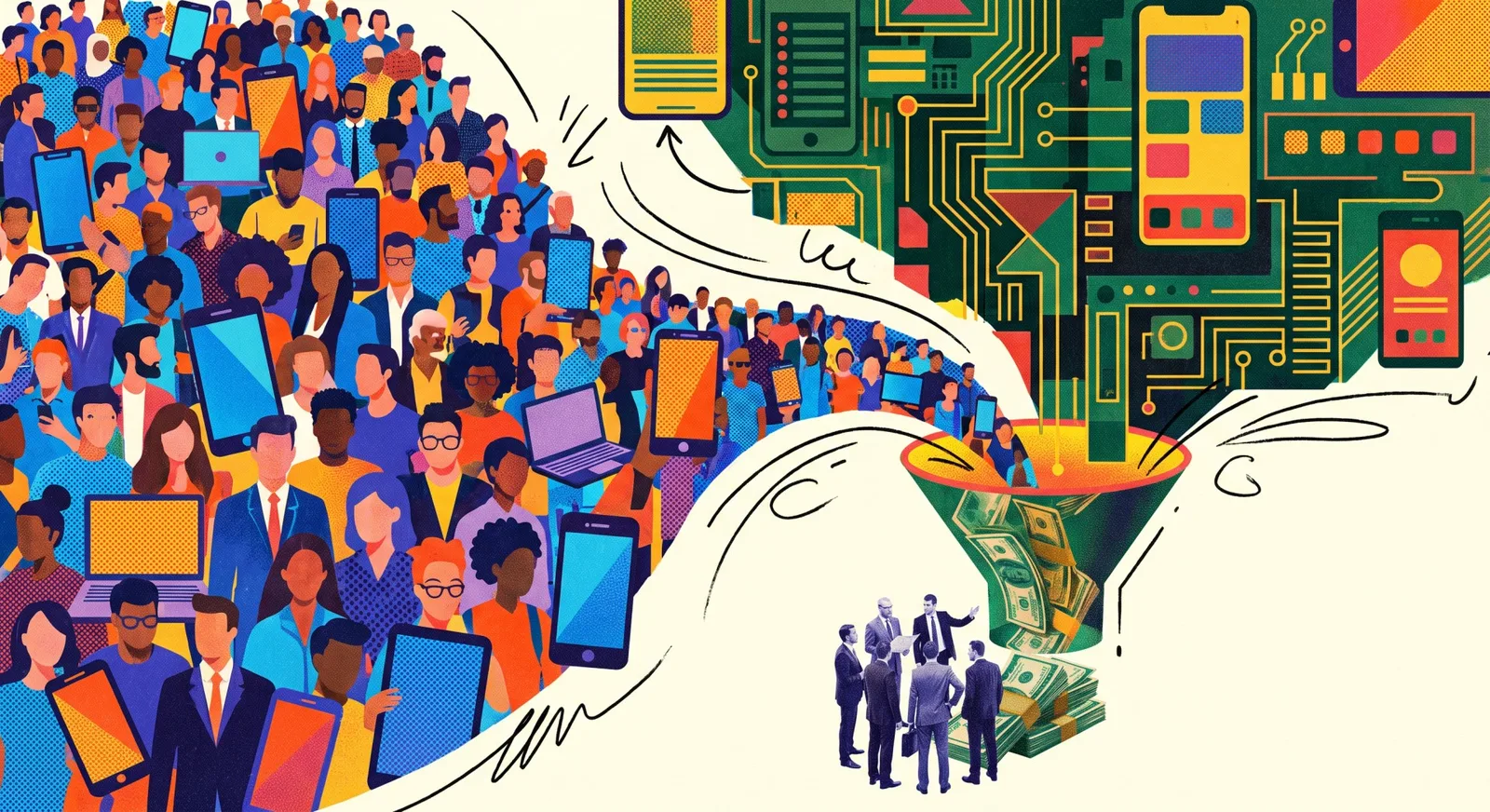 People with smartphones and tablets; app circuits flow through a funnel to a business team holding wads of cash.