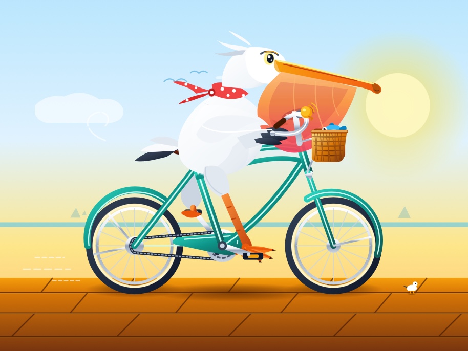 Description by Gemini 3.8 Flash: Digital illustration of a cartoon pelican wearing a red and white polka-dot scarf riding a teal cruiser bicycle along a wooden boardwalk by the beach, with a small blu