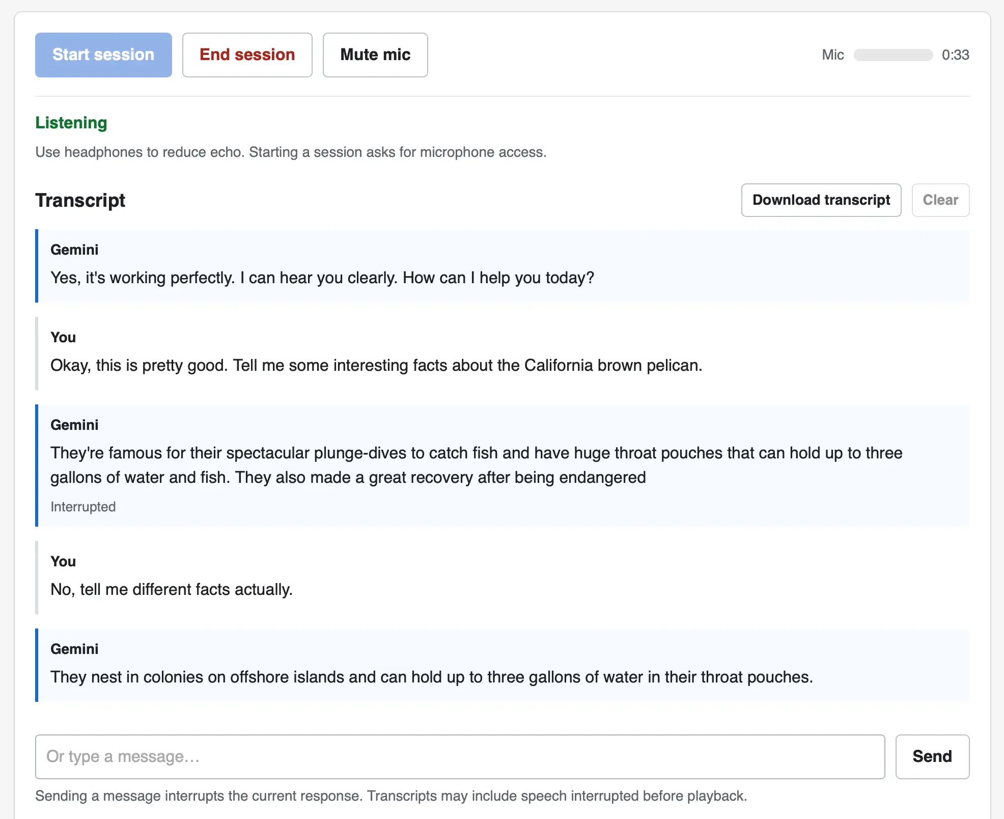 Screenshot of a voice chat web interface with a transcript. Top buttons: Start session, End session, Mute mic, plus a Mic level meter and a timer showing 0:33. Status: Listening. Use headphones to red