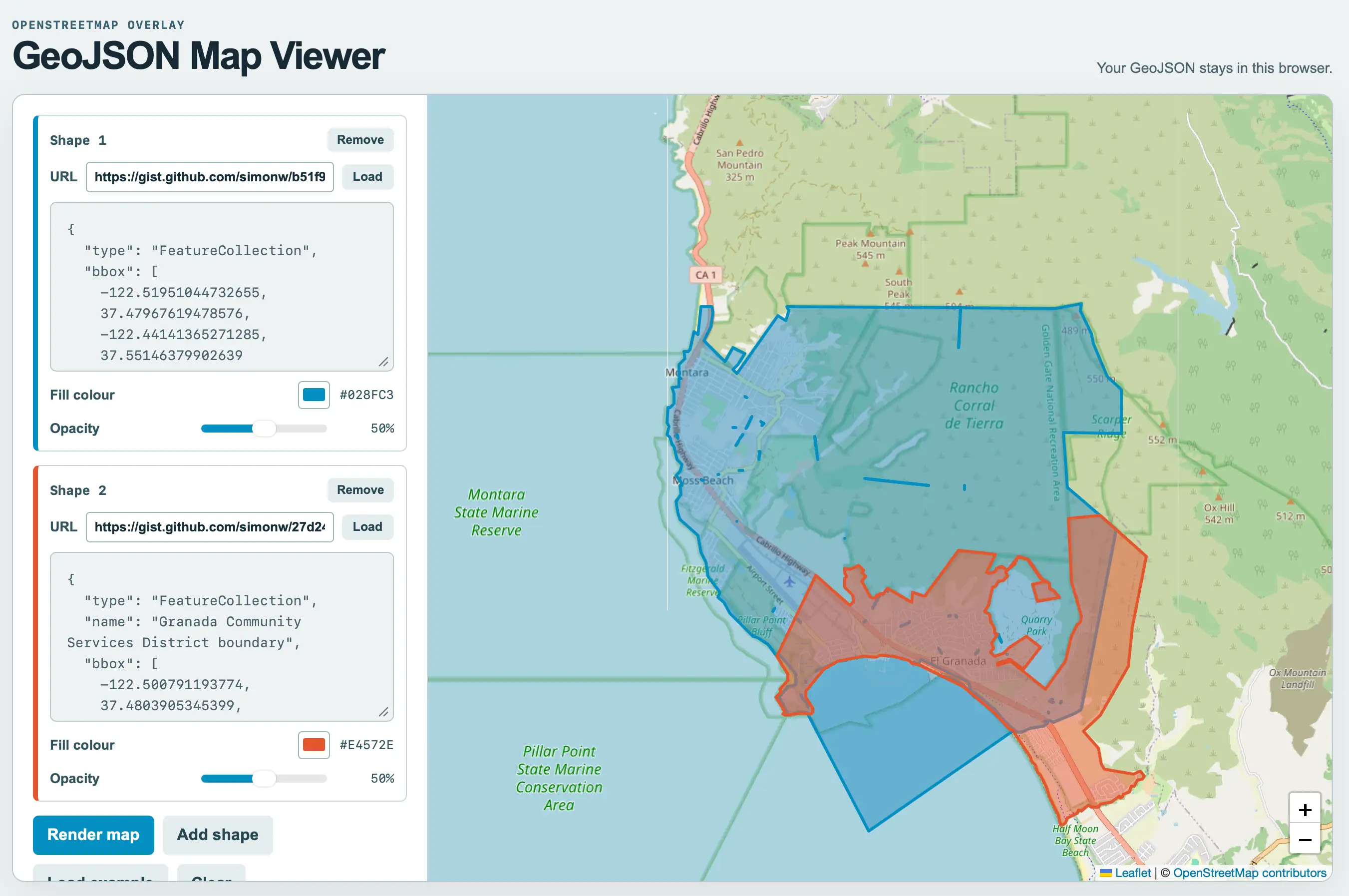 Screenshot of a web app with a left sidebar of controls and a large map on the right. Top left: OPENSTREETMAP OVERLAY GeoJSON Map Viewer. Top right: Your GeoJSON stays in this browser. Sidebar Shape 1