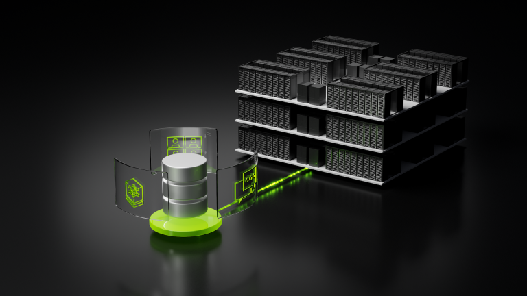 Illustration of a data storage system connected by a glowing green path to rows of servers.