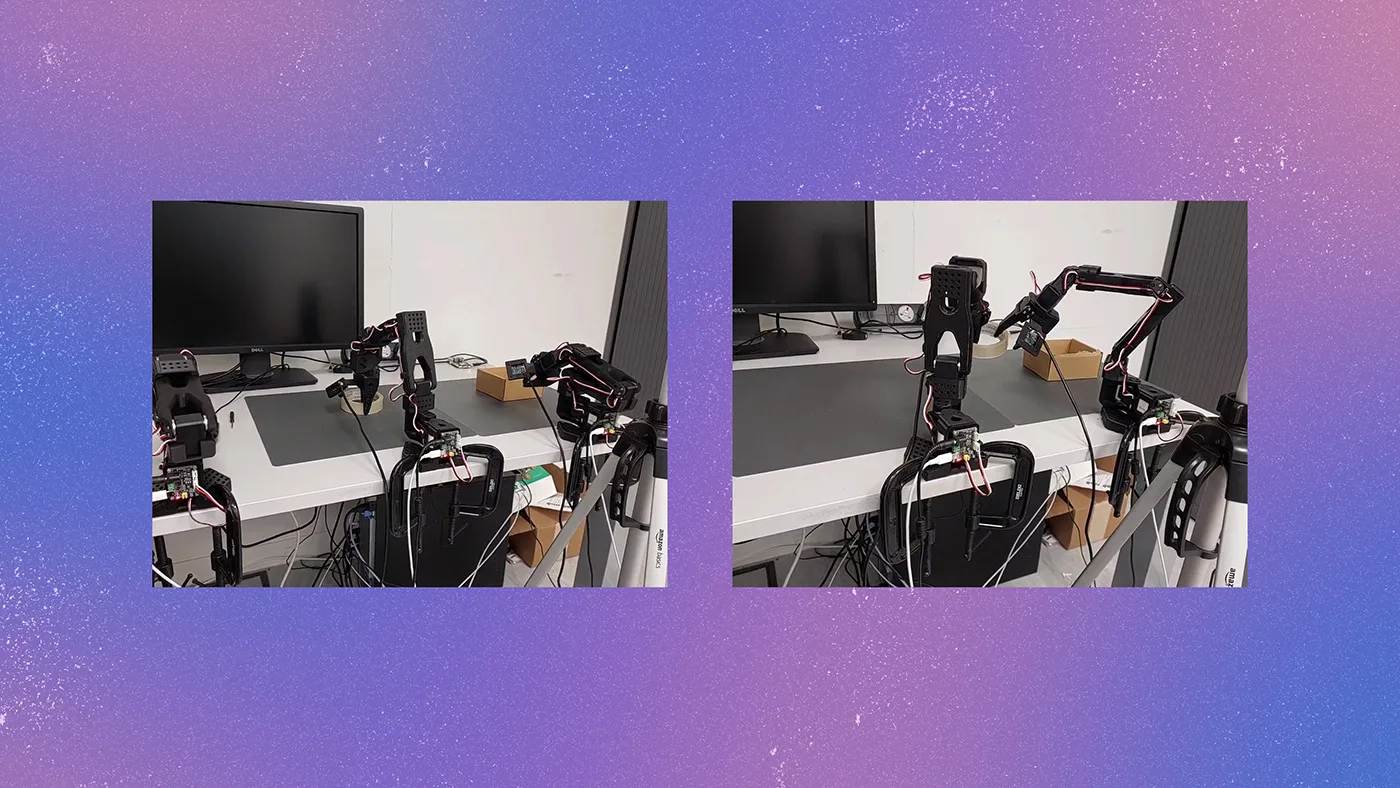 Two images showing the robot performing the same task of handing over a tape from one robot arm to another. The videos show that while the task succeeds when the inference latency is low, the handover