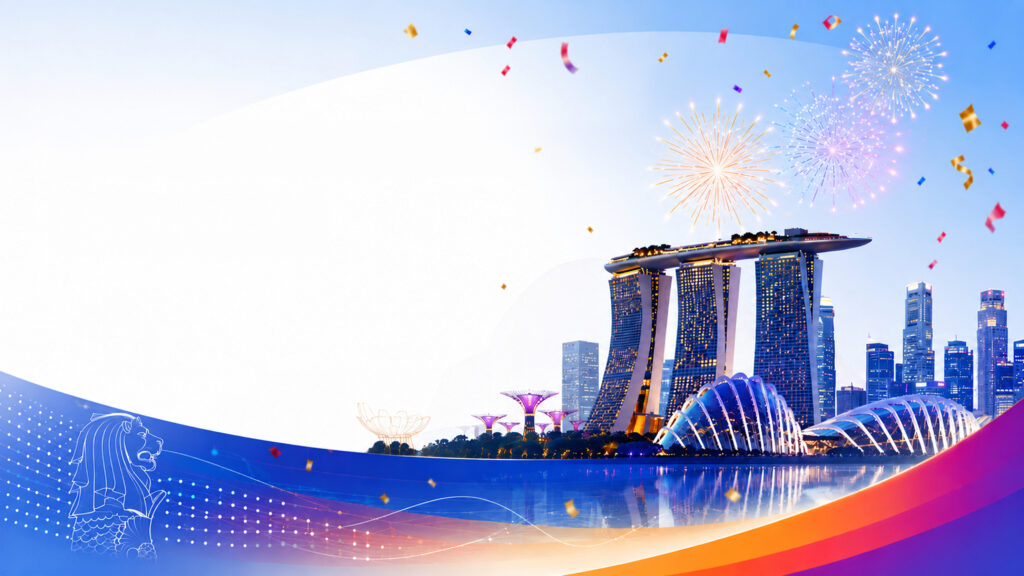 Illustrated Singapore skyline at dusk featuring Marina Bay Sands and Gardens by the Bay, with colorful fireworks and confetti overhead. Blue and orange graphic waves frame the scene, with a Merlion ou