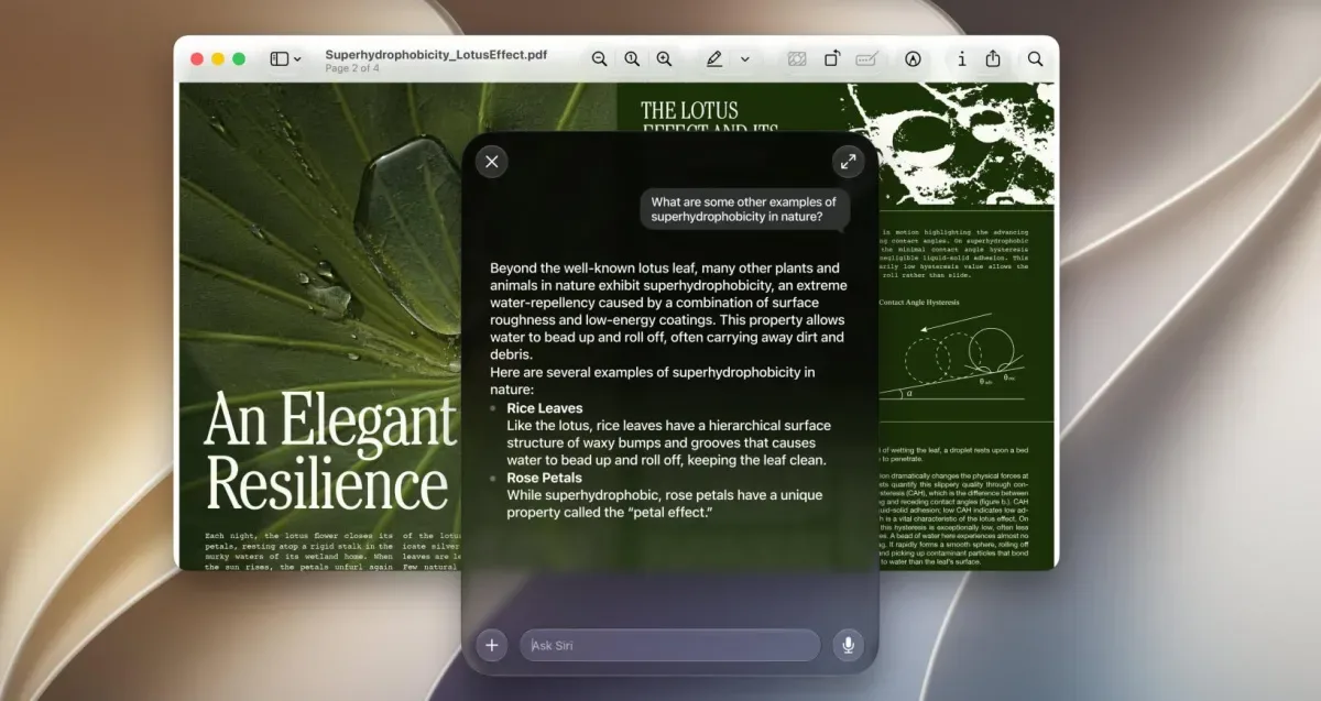 A close-up of a MacBook using Siri AI against a black background.