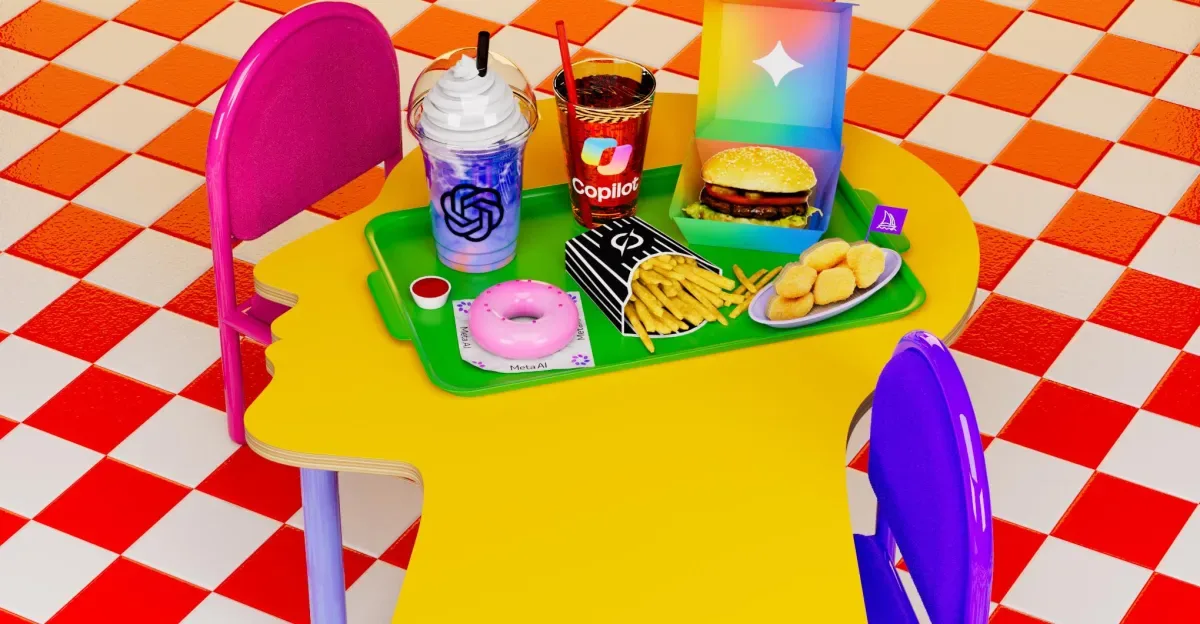 3D illustration of a tray of junk food featuring the logos of various AI companies.