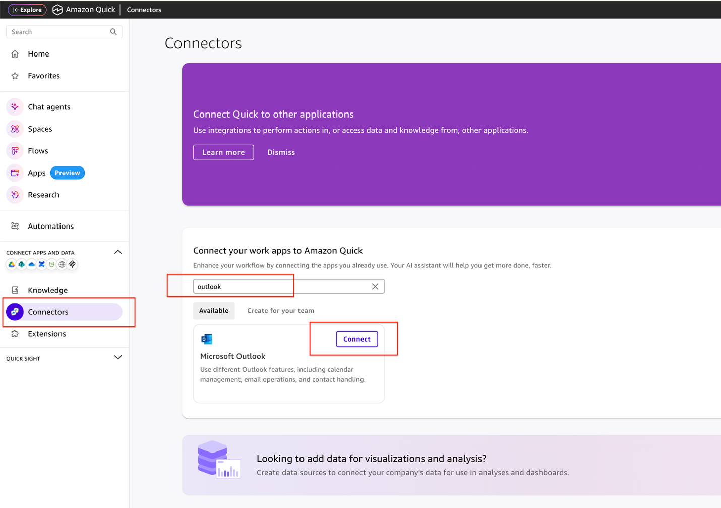 Amazon Quick Connectors page with the Microsoft Outlook connector and the Connect option