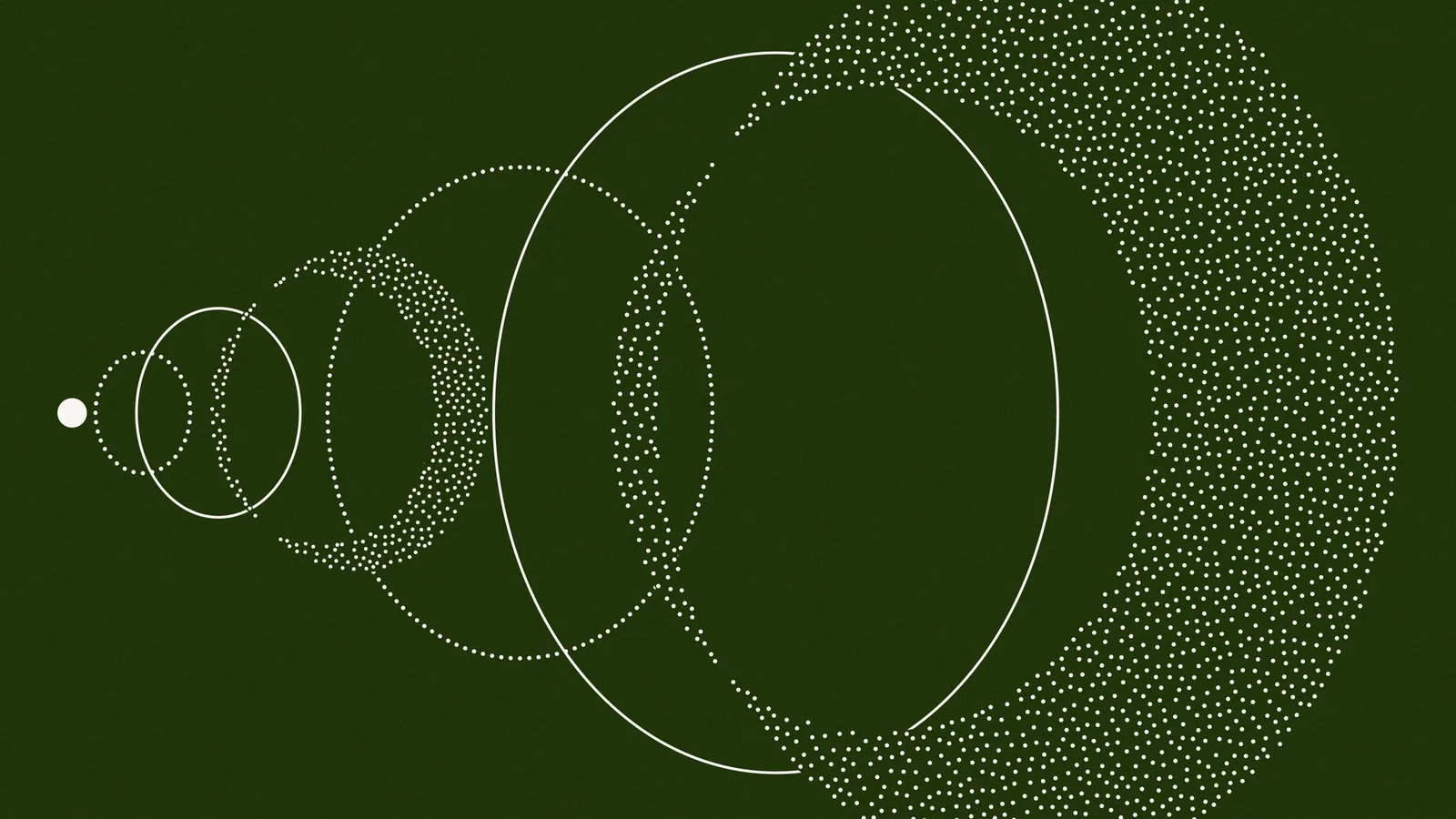 An abstract graphic consisting of white dots and lines on a dark green background, spreading from a small circle on the left into increasingly larger rings toward the right.