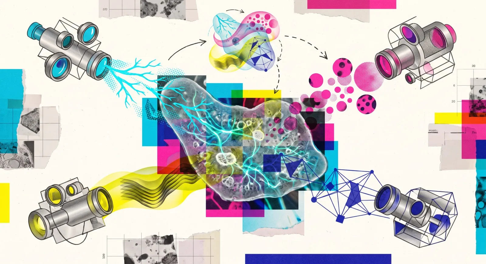Abstract visualization: Four modular sensors feed colored data streams into a central neural world model.
