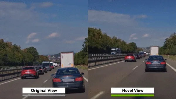 Figure showing the original view and the new view after using NuRec to re-render a video.