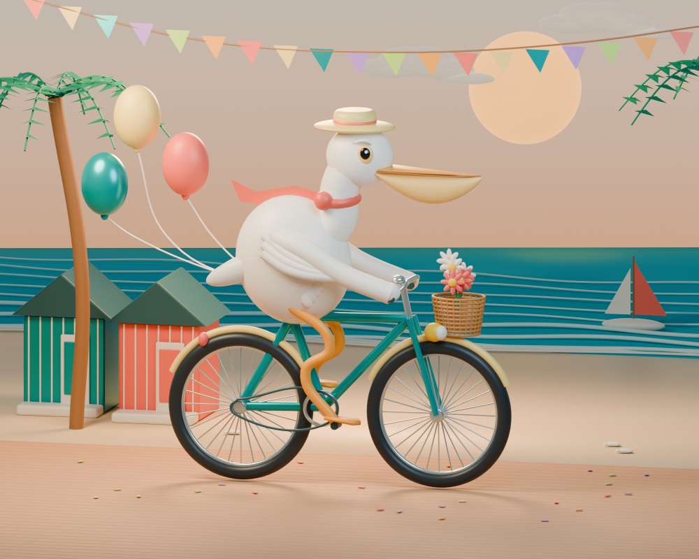 A 3D illustration of a white pelican cycling along a seaside boardwalk at sunset. It wears a cream boater hat and a coral scarf, with wings on the handlebars and long orange legs reaching the pedals o