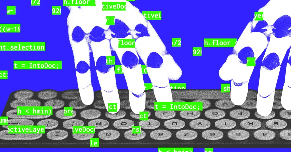 Robot hacker typing on a keyboard.
